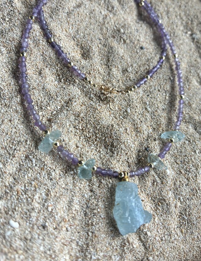 14KGF*Aquamarine & Amethyst Statement Necklaceアクアマリン原石と