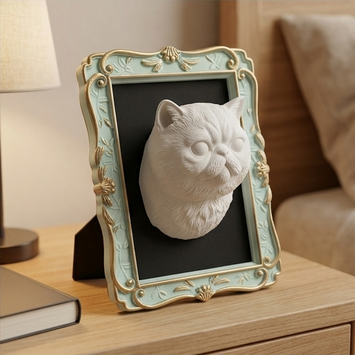 エキゾチックショートヘアの壁掛けレリーフ 3Dプリント 白PLA