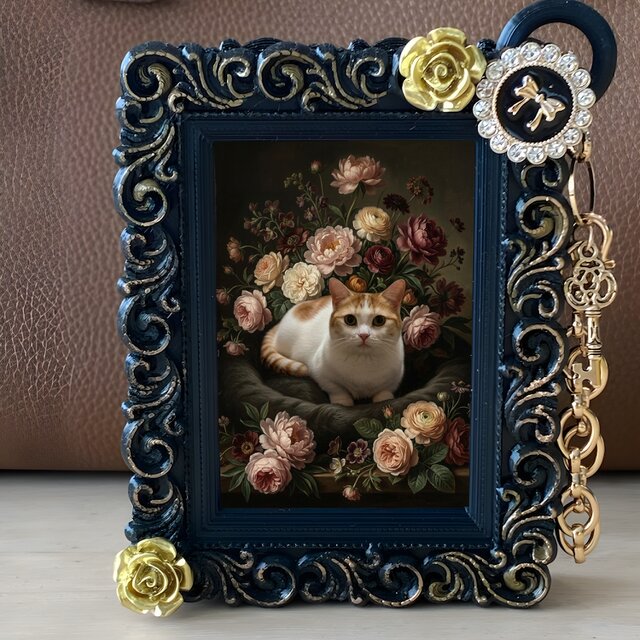 猫（マンチカン）バッグチャーム 花の油絵風アート ブラック額縁