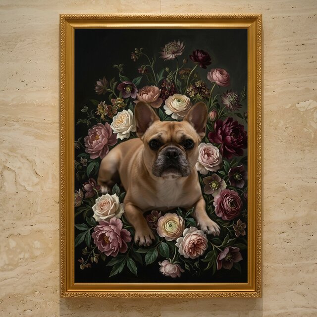 犬（フレンチブルドッグ）の花に囲まれた油絵風アート A3額装