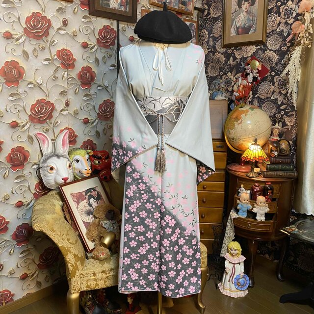 着物リメイク ロングワンピース 化繊 桜 青磁色 帯ベルト KW-1499