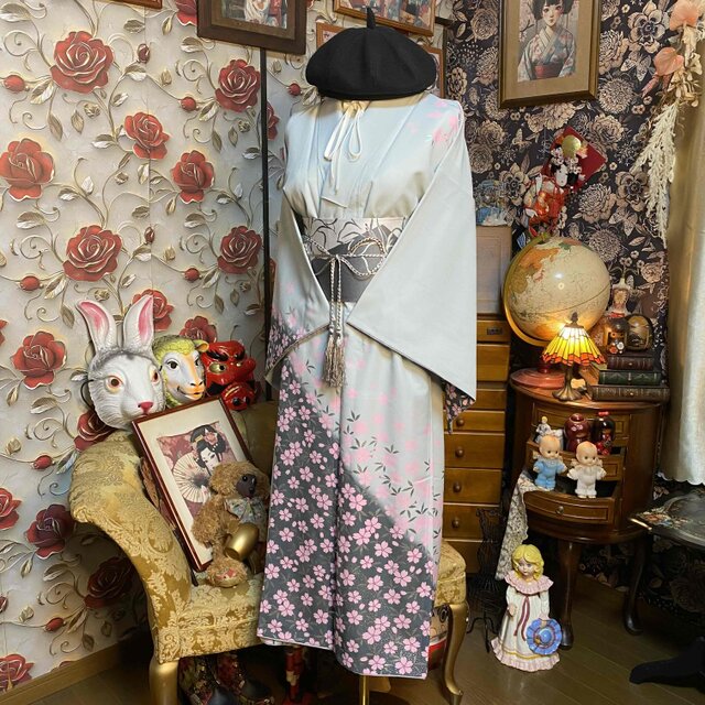 着物リメイク ロングワンピース 化繊 桜 青磁色 帯ベルト KW-1499