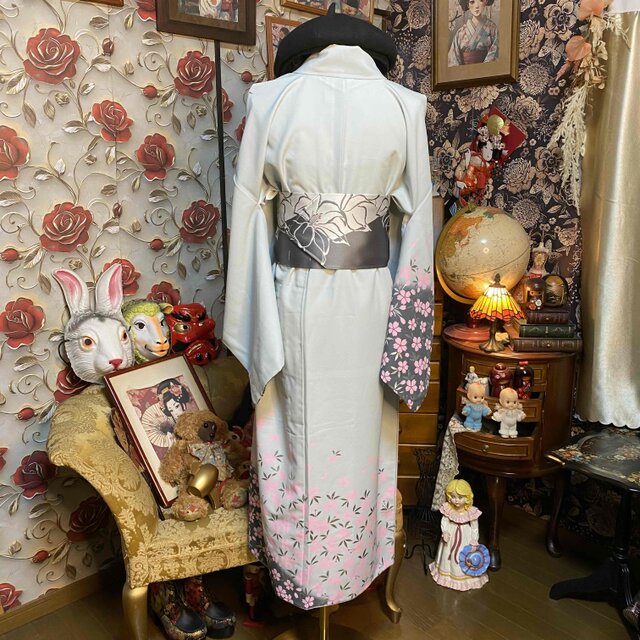 着物リメイク ロングワンピース 化繊 桜 青磁色 帯ベルト KW-1499