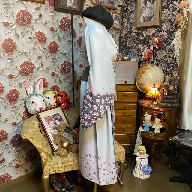 着物リメイク ロングワンピース 化繊 桜 青磁色 帯ベルト KW-1499