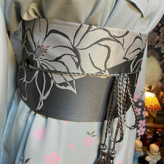 着物リメイク ロングワンピース 化繊 桜 青磁色 帯ベルト KW-1499