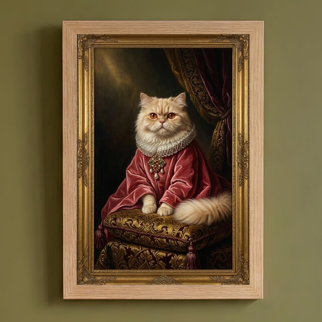 猫の絵画 額縁入り インテリア 猫（ペルシャ猫）のルネサンス風肖像画 油絵風アートA4額装インテリア