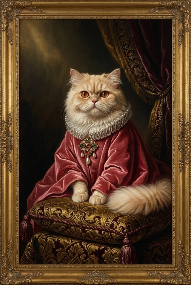 猫（ペルシャ猫）のルネサンス風肖像画 油絵風アートA4額装インテリア