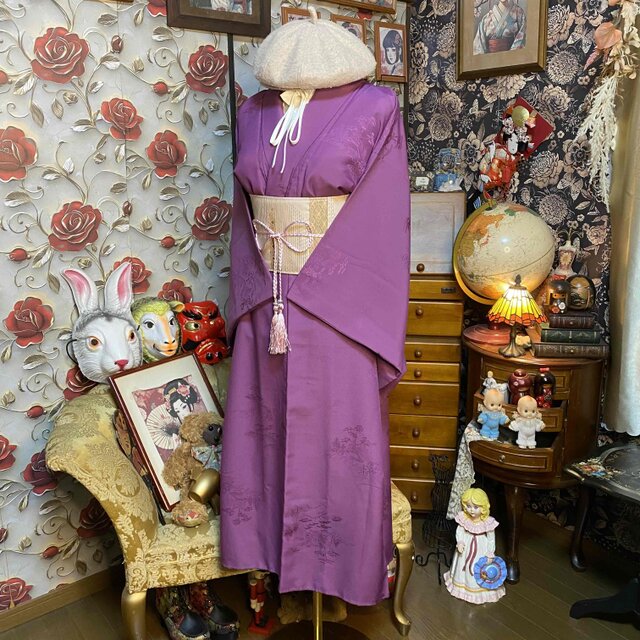 着物リメイク ロングワンピース 洗える化繊 帯サッシュベルト 紫 山水