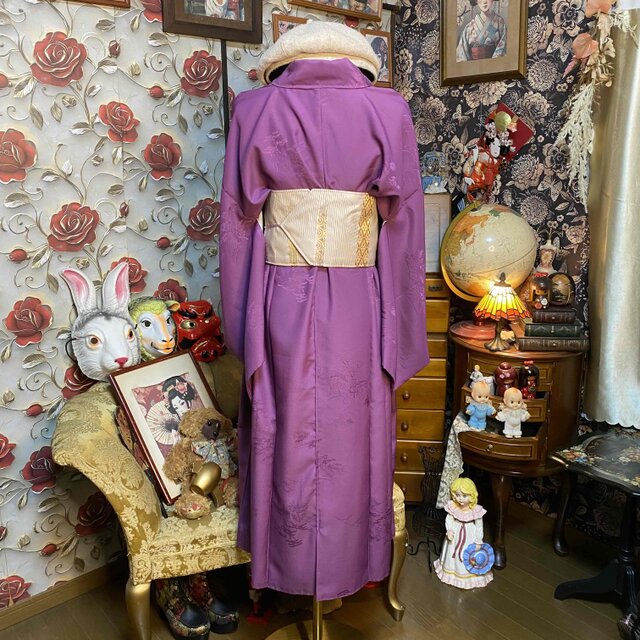 着物リメイク ロングワンピース 洗える化繊 帯サッシュベルト 紫 山水
