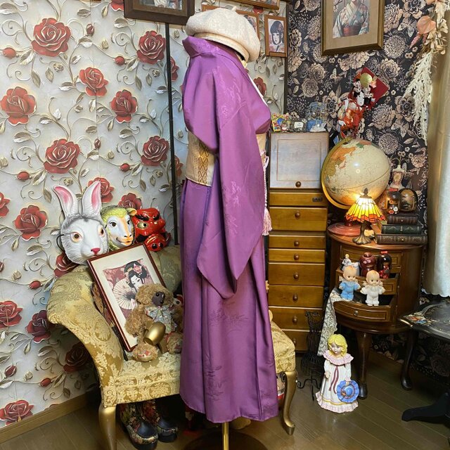 着物リメイク ロングワンピース 洗える化繊 帯サッシュベルト 紫 山水