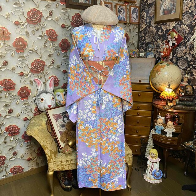着物リメイク ロングワンピース 化繊 花柄 帯サッシュベルト 和洋折衷