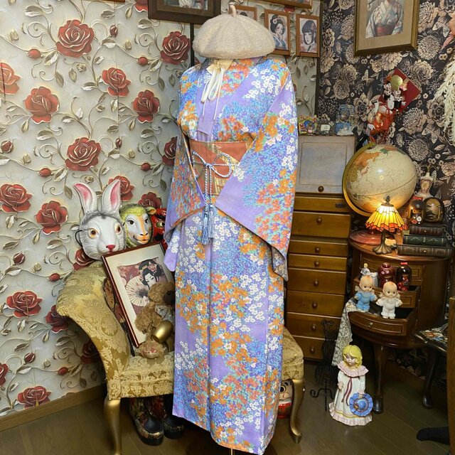 着物リメイク ロングワンピース 化繊 花柄 帯サッシュベルト 和洋折衷