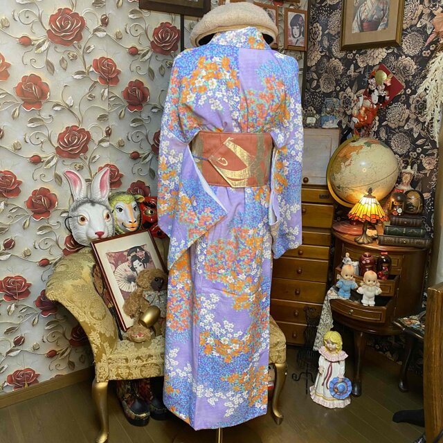 着物リメイク ロングワンピース 化繊 花柄 帯サッシュベルト 和洋折衷