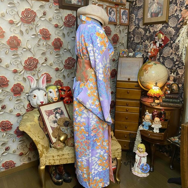 着物リメイク ロングワンピース 化繊 花柄 帯サッシュベルト 和洋折衷