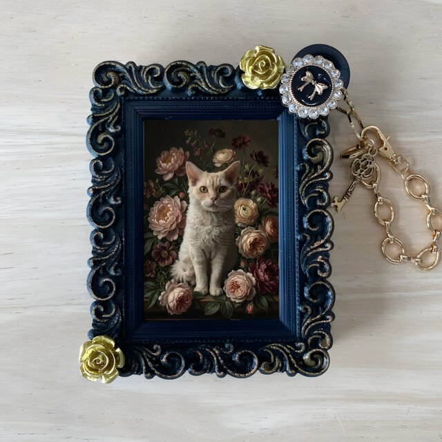 猫（セルカークレックス）バッグチャーム 花の油絵風アート ブラック