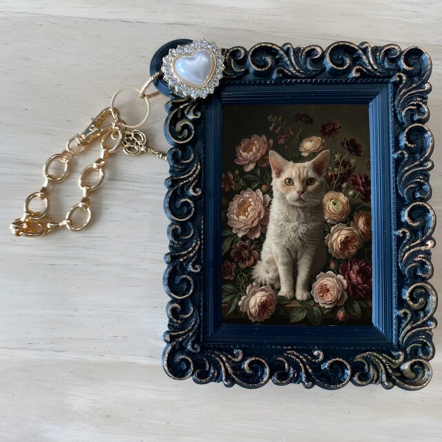 猫（セルカークレックス）バッグチャーム 花の油絵風アート ブラック