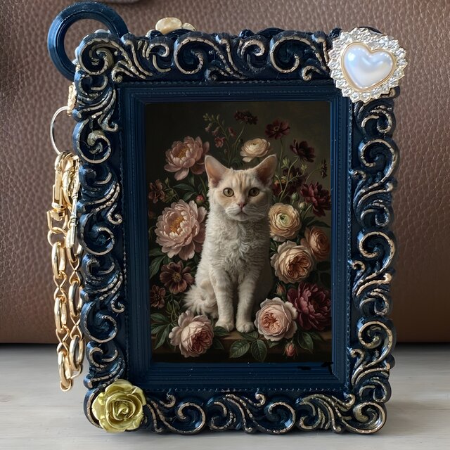 猫（セルカークレックス）バッグチャーム 花の油絵風アート ブラック