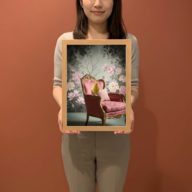 カナリアのロココ調シャビーピンクアート A4額装インテリア壁掛け