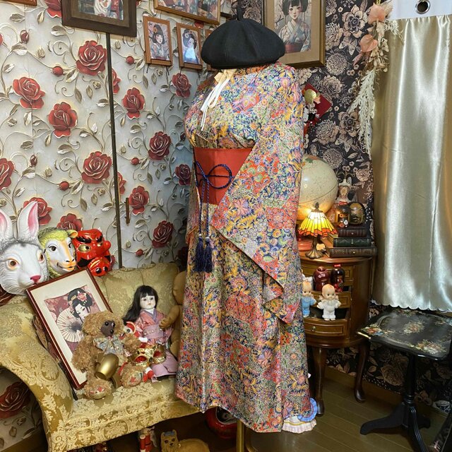 着物リメイク ロングワンピース 帯サッシュベルト 更紗調花文様 KW