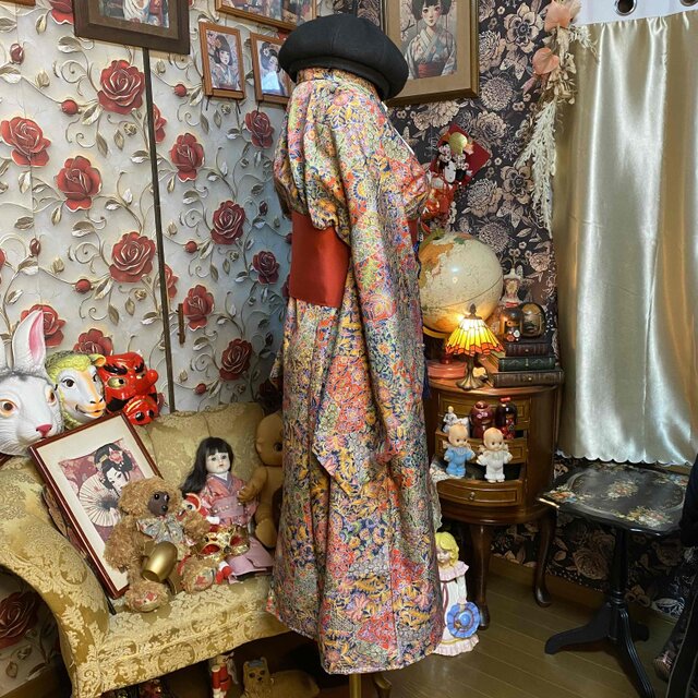 着物リメイク ロングワンピース 帯サッシュベルト 更紗調花文様 KW