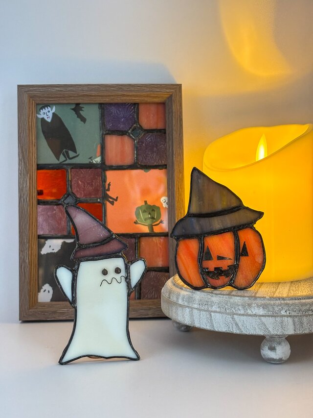 ステンドグラスのハロウィンオブジェ｜おばけとジャックオーランタン