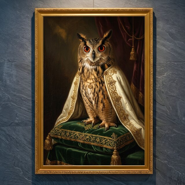 ベンガルワシミミズクのルネサンス風肖像画 A4金縁額装インテリア