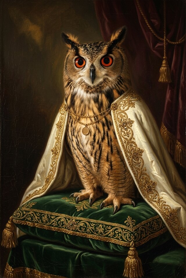 美品　壁掛け　スペイン ベンガルワシミミズクのルネサンス風肖像画 A4金縁額装インテリア