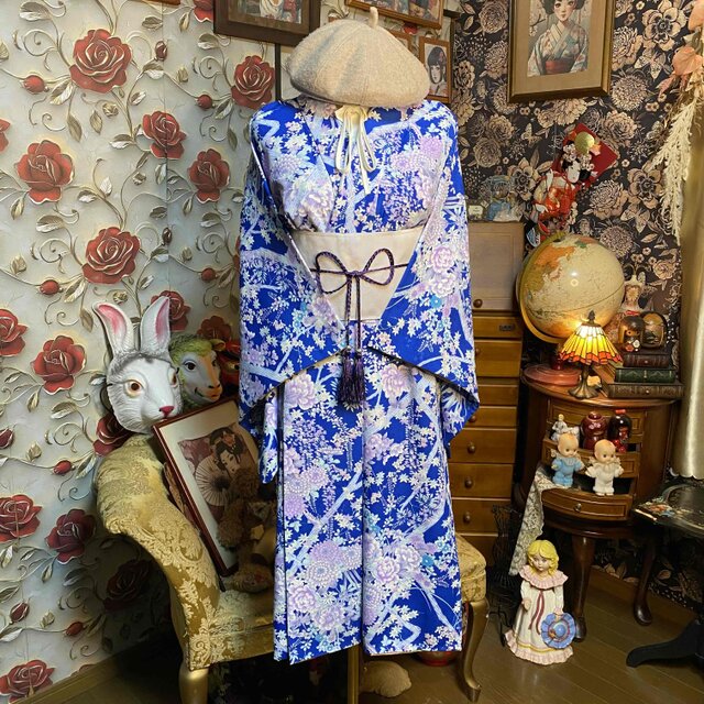 着物リメイク ロングワンピース 帯ベルト 和洋折衷 青花柄 KW-1506