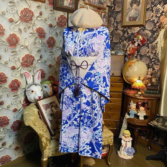 着物リメイク ロングワンピース 帯ベルト 和洋折衷 青花柄 KW-1506
