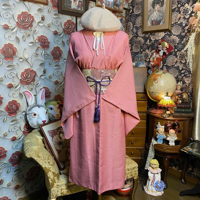 着物リメイク ロングワンピース 洗える化繊 帯サッシュベルト 珊瑚桃