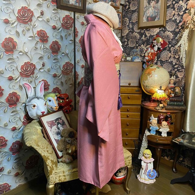 着物リメイク ロングワンピース 洗える化繊 帯サッシュベルト 珊瑚桃