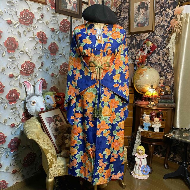 着物リメイク ロングワンピース 化繊 帯サッシュ 濃紺×橙花 和洋折衷