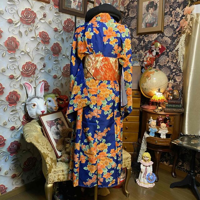 ★*★様 着物リメイク ☆ロングワンピース正絹 着物リメイク ロングワンピース 化繊 帯サッシュ 濃紺×橙花 和洋折衷
