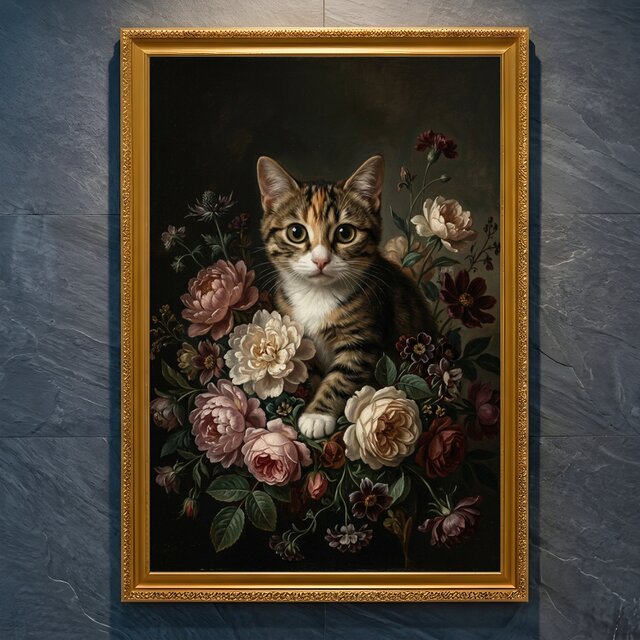 絵画 油絵風プリント アンティーク風 猫 猫（アメリカンショートヘア）の花の油絵風アート A4金縁額装