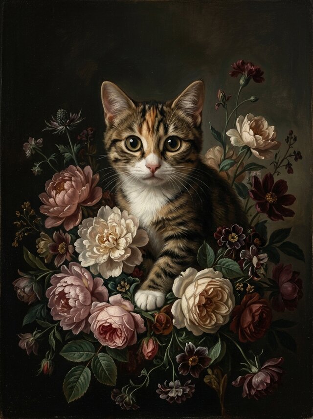 絵画 油絵風プリント アンティーク風 猫 猫（アメリカンショートヘア）の花の油絵風アート A4金縁額装