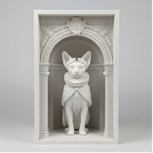猫（スフィンクス）の3Dプリント ブックヌーク 白PLA 本棚インテリア