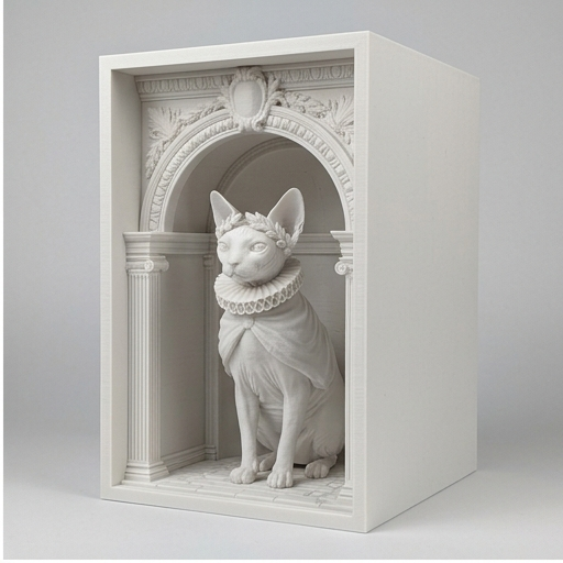 猫（スフィンクス）の3Dプリント ブックヌーク 白PLA 本棚インテリア