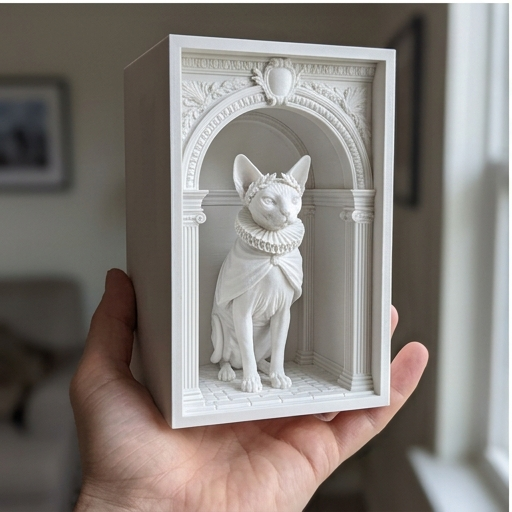 猫（スフィンクス）の3Dプリント ブックヌーク 白PLA 本棚インテリア