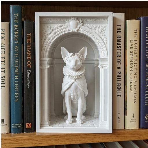 猫（スフィンクス）の3Dプリント ブックヌーク 白PLA 本棚インテリア