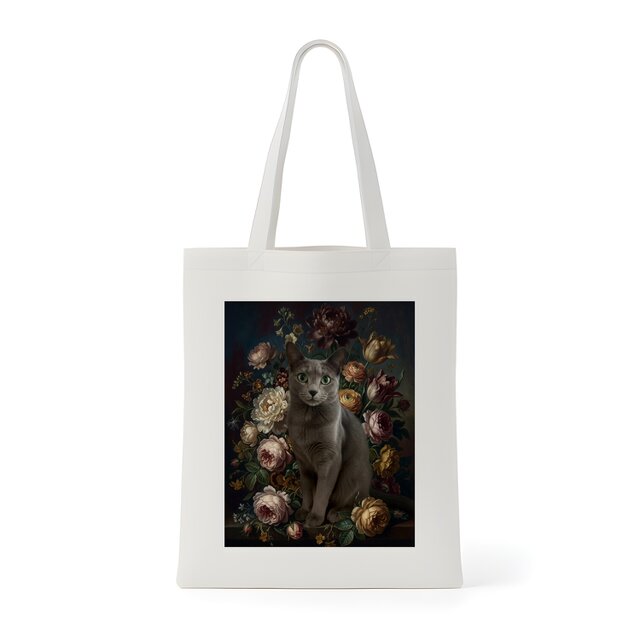 猫（ロシアンブルー）トートバッグ 花の油絵風アート キャンバス地