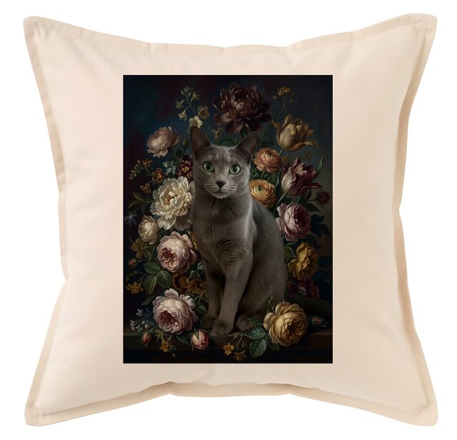 猫（ロシアンブルー）クッション 45cm 花の油絵風カラーアート | iichi