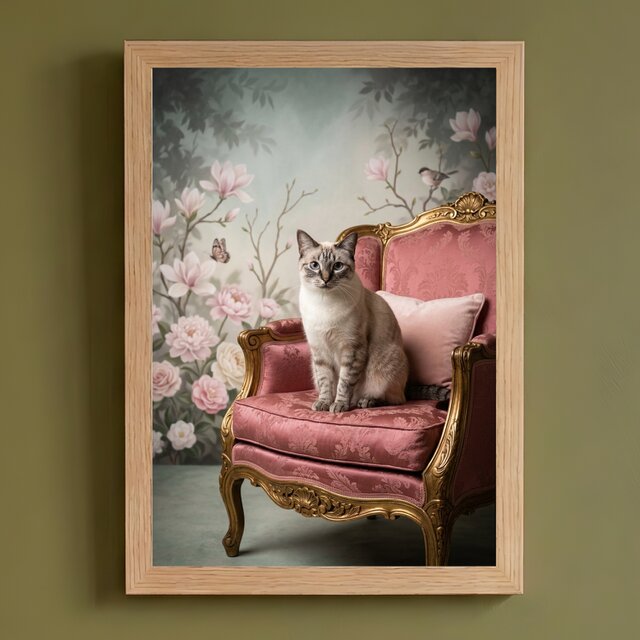 猫（シャム猫）のロココ調シャビーピンクアート A4額装インテリア