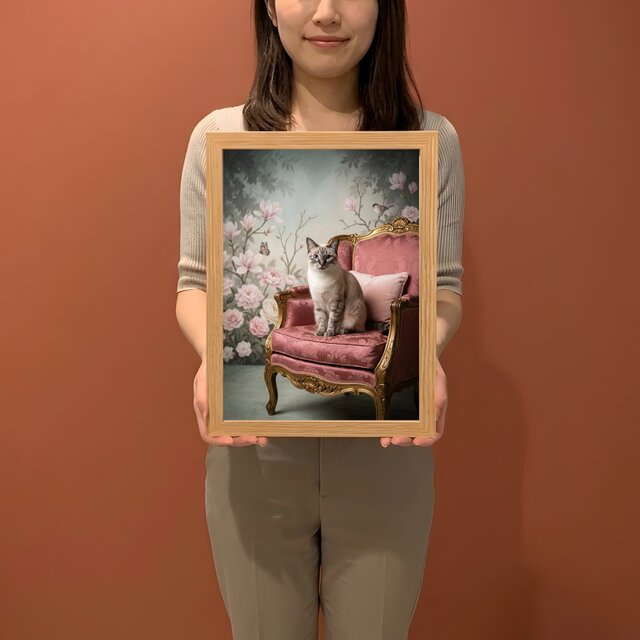 猫（シャム猫）のロココ調シャビーピンクアート A4額装インテリア
