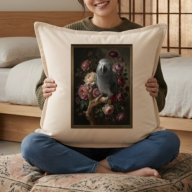 インコ（ヨウム）クッション 45cm 花の油絵風カラーアート | iichi