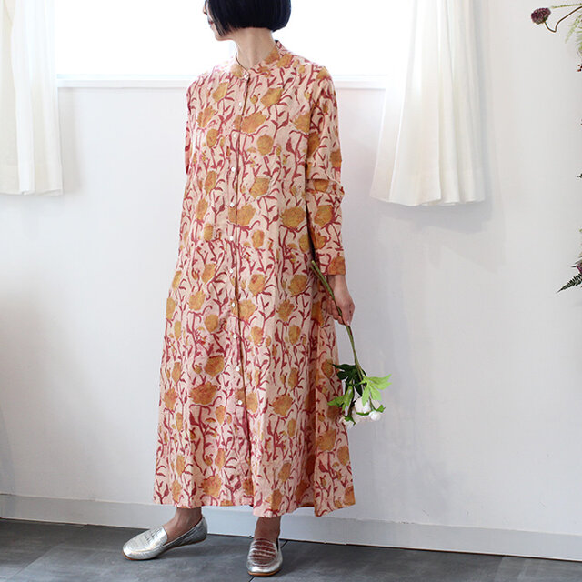 バグルーブロックプリント前開きシャツワンピース【ダスティローズ・花