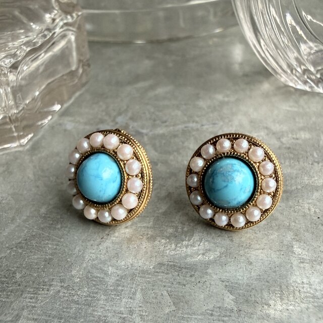 P851-ヴィンテージピアス U.S.A. 1970-80's Turquoise-colored & Faux