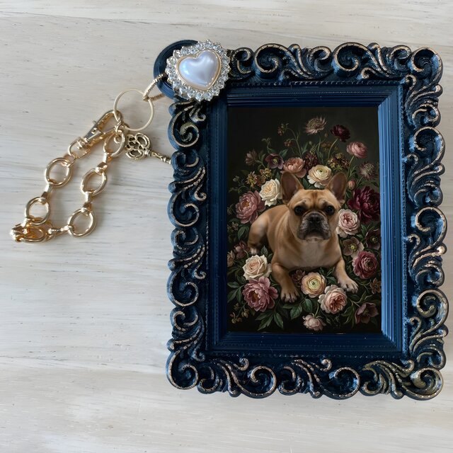 犬（フレンチブルドッグ）バッグチャーム 花の油絵風アート ブラック