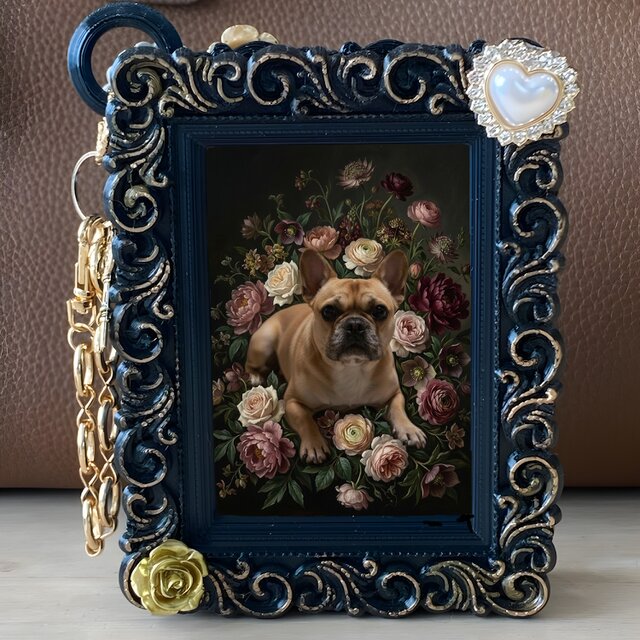 犬（フレンチブルドッグ）バッグチャーム 花の油絵風アート ブラック