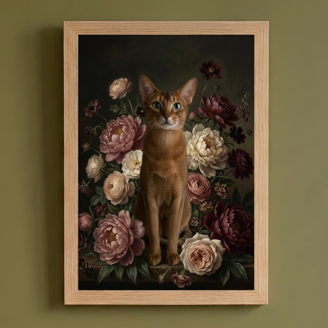 猫（アビシニアン）の花に囲まれた油絵風アート A4額装インテリア