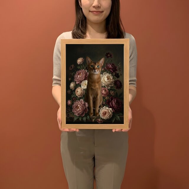 猫（アビシニアン）の花に囲まれた油絵風アート A4額装インテリア
